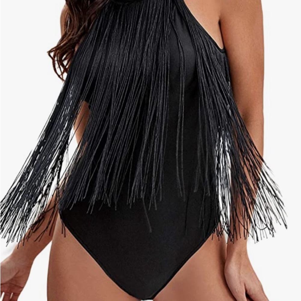 Black Fringe Halter Bodysuit